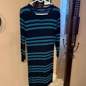 French Connection Black and Teal Striped Long Sleeve Dress